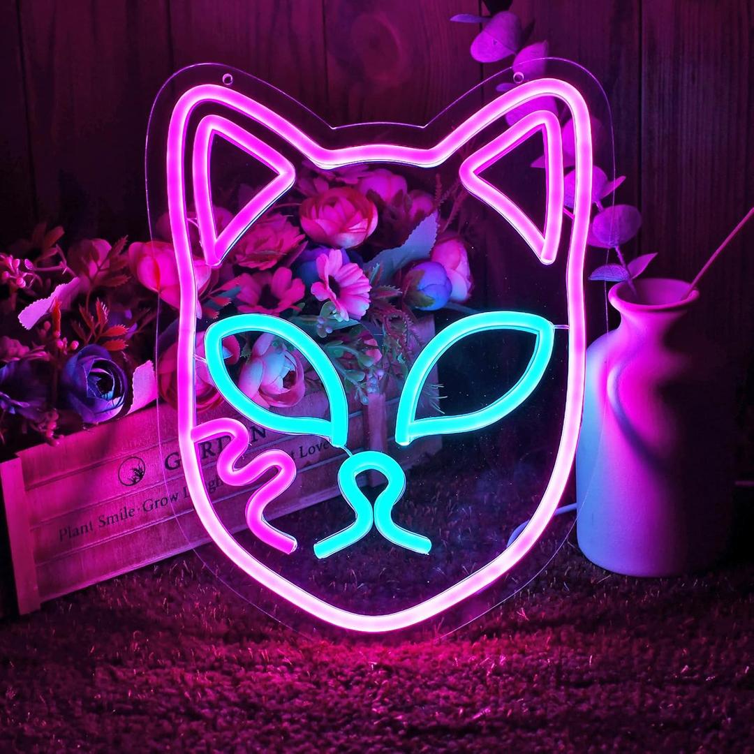 Demon Fox Face Neon Sign, Japanese Anime Slayer Neon Light for Wall Decor, Bedroom, Game Room, Birthday Party, Dimmable, USB Powered, Pink, Ice Blue(11.8"x9.2")