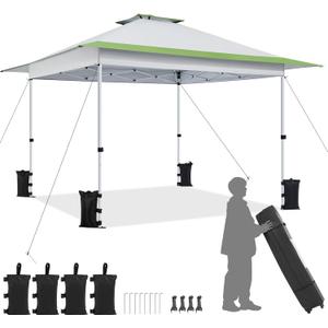 Yaheetech 13x13 Pop Up Canopy Tent, Straight Leg Easy Single Person Set-up Folding Shelter w/Extending Eaves w/Rolling Storage Bag & Sandbags for Garden, Patio, Lawn, Backyard, Deck, Light Gray/Green