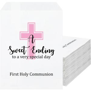 Sweetude 100 Pcs First Communion Treat Paper Bags 5 x 7 Inch Baptism Cross a Sweet Ending Snack Bags for Religious Events Easter First Holy Communion Baptism Party Favor Candy Cookie Storage(Pink)