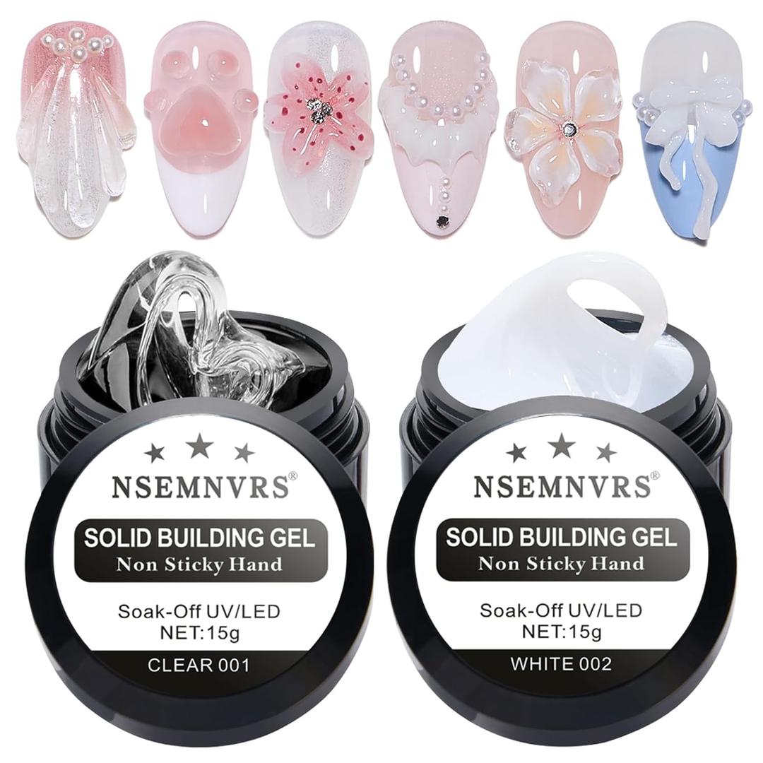 3D Gel Nail Art Hard Sculpting Gel for Nails 2PCS, Non-Sticky Solid Builder Gels for Molding Shaping Extension DIY Nail Design Manicure Set for Ladies, Clear&Milky White