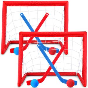 Leyndo 2 Sets Kids Mini Hockey Set Includes 2 Hockey Nets 2 Mini Hockey Goal 4 Plastic Mini Hockey Sticks 4 Foam Balls Knee Hockey Goal Hockey Ball for Kids Indoor Floor(Bright Color) (Mainly Red and Blue)