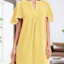 HOULENGS Women's Summer Flutter Short Sleeve A Line Mini Dress Casual Contrast Trim V Neck Short Dress with Pockets Yellow X-Large