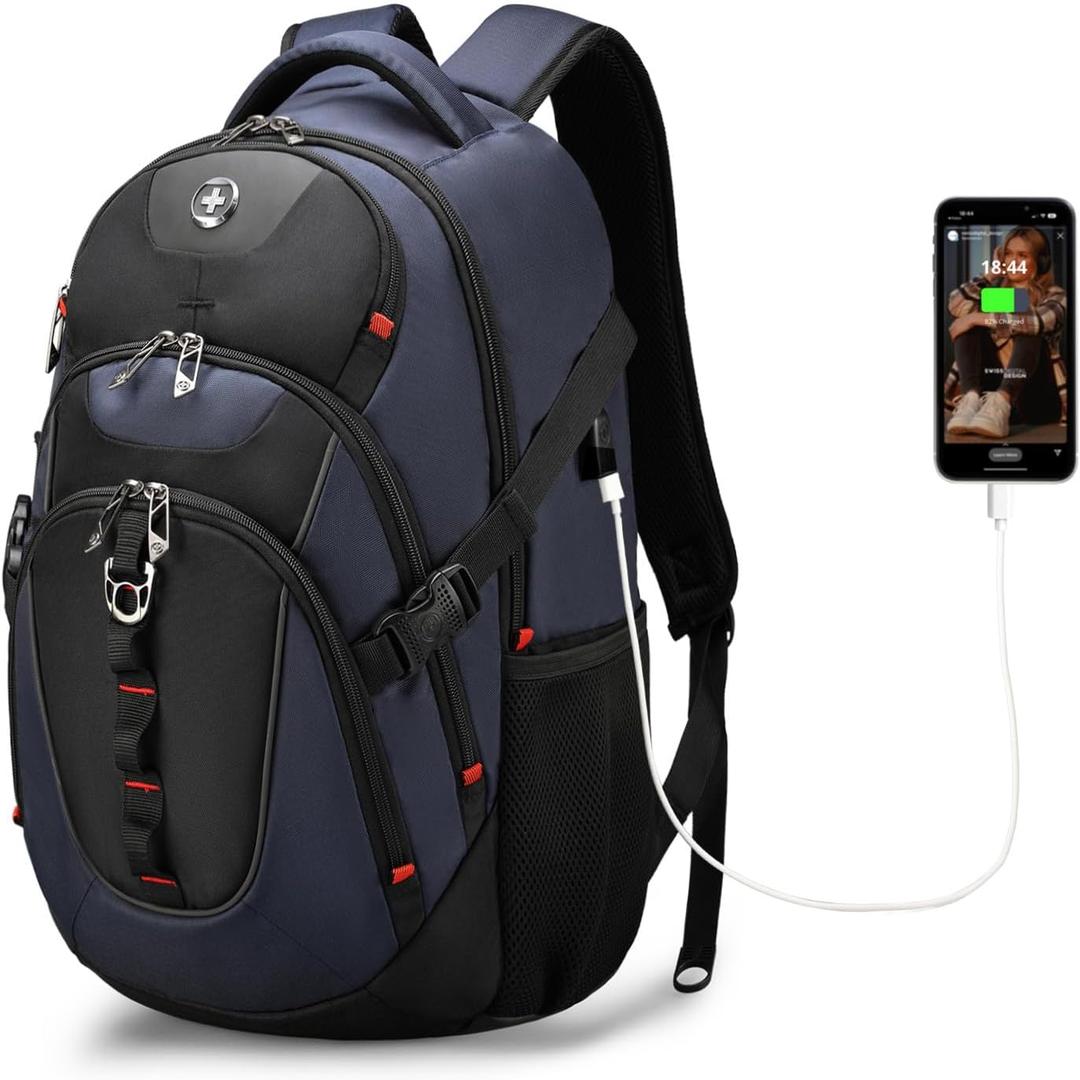 Swissdigital Design Laptop Backpack with USB Charging Port, Travel Backpack Fits 15.6 inches Computer, 31L College School Backpack for Men, Blue/Black | SD803-12, Standard