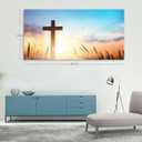 Christian Cross Canvas Wall Art - Religious Cross in Wheat Field with Sunrise & Birds, Inspirational Wall Decor for Living Room Bedroom Church, Spiritual Home Decoration Gift