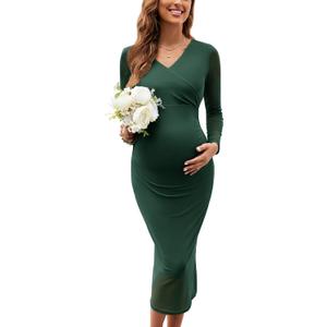 AISWI Maternity Cocktail Dress Sparkly Mesh Wrap Bodycon Baby Shower Wedding Guest Pregnancy Fall V Neck Formal (M)