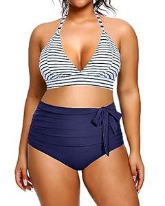 Daci Women Plus Size Two Piece Bikini Halter Swimsuits High Waisted SwimwearTummy Control Bathing Suits Blue Stripe 20w Daci Women Plus Size Two Piece Bikini Halter Swimsuits High Waisted SwimwearTummy Control Bathing Suits Blue Stripe 20w