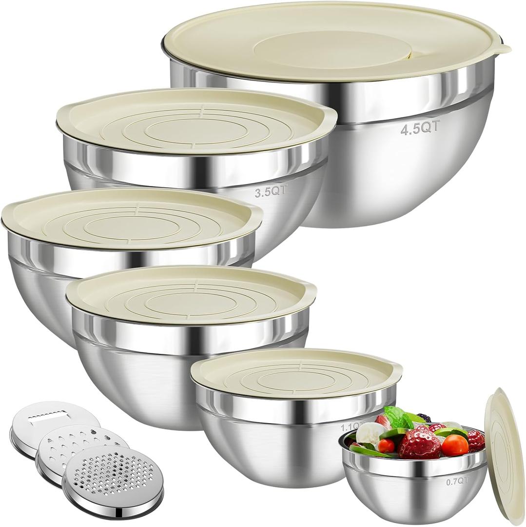 Mixing Bowls with Lids Set, 6 PCS Stainless Steel Mixing Bowls with 3 Grater Attachments, Kitchen Food Storage Organizers Nesting Mixing Bowl, Large Size 4.5, 3.5, 2.1, 1.5, 1.1, 0.7QT (Khaki)