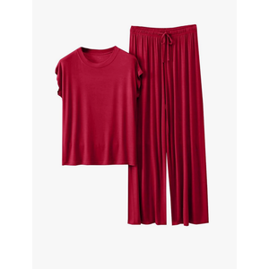 Women's 2 Piece Lounge Sets Ruched Short Sleeve Top & Wide Leg Pants Loungewear Tracksuit Sets Outfit with Pocket, Size Medium