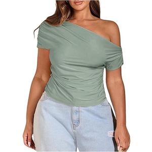 WDIRARA Women's Plus Size Off Shoulder Tee Shirt Ruched Asymmetrical Short Sleeve Tops, 3Xl, Mint Green 