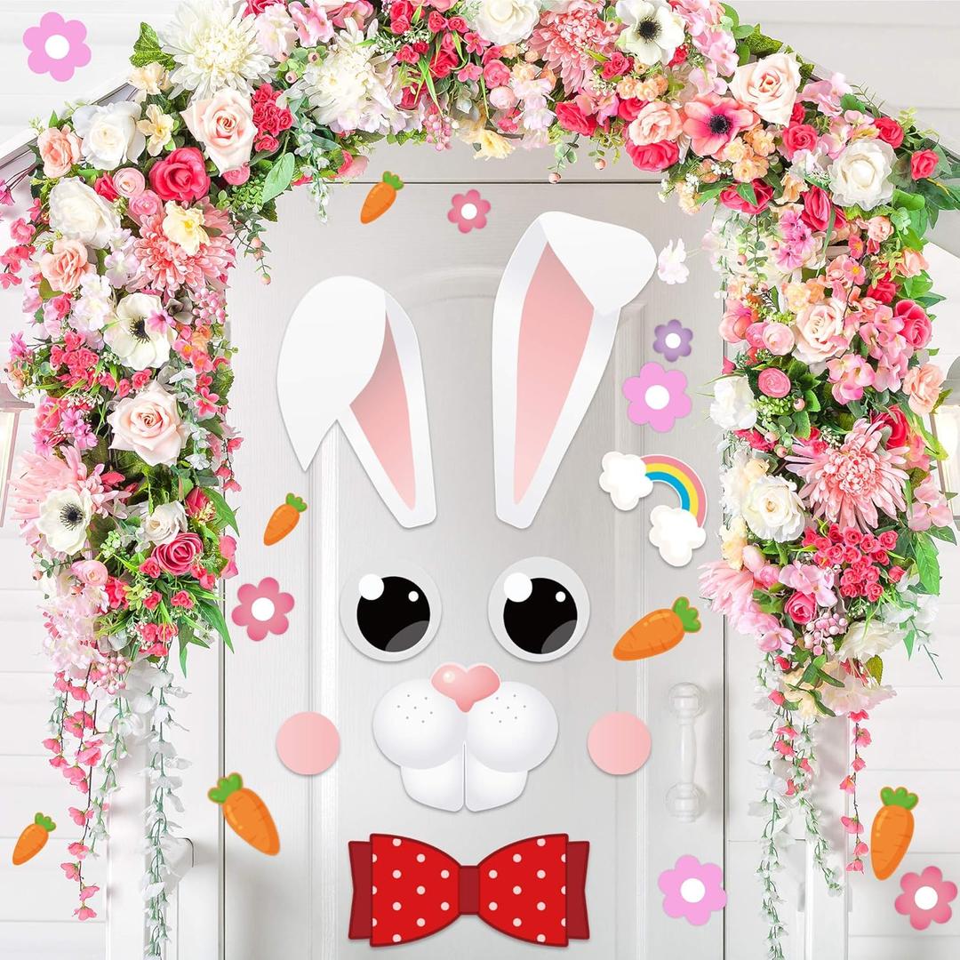7 x 40 PCS Happy Easter Door Stickers Decor - Bunny, Easter, Flowers - Pink, Cartoon Style - Waterproof - Indoor Use - Door, Window, Refrigerator Decor