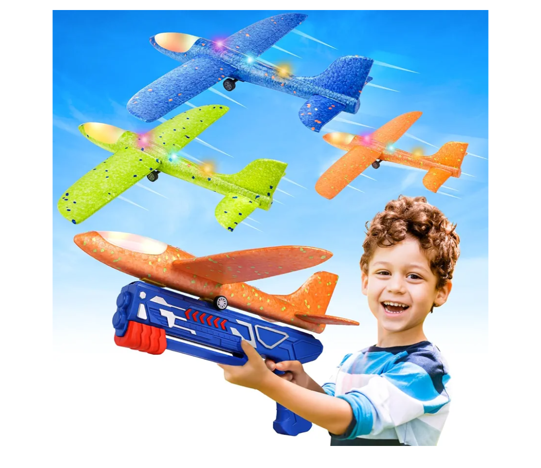 Fuwidvia 3 Pack Airplane Launcher Toys, 13.2'' LED Foam Glider Plane Toy for Boys, 2 Flight Modes Outdoor Flying Toys Birthday Gifts for Boys Girls 4 5 6 7 8 9 10 11 12 Year Old (Blue&Green&Orange)