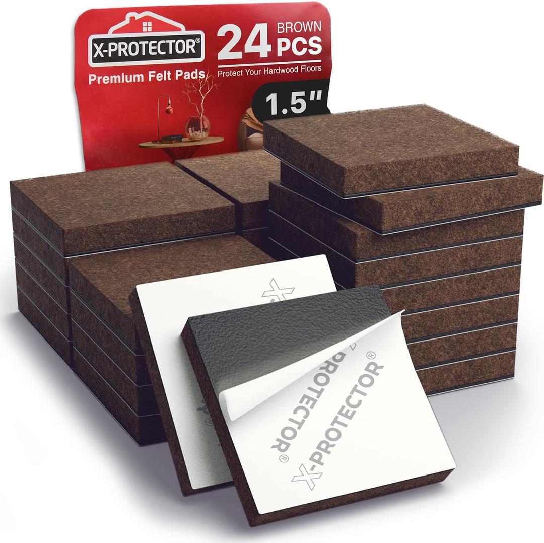 24 Heavy-Duty Felt Furniture Pads 1.5 1/4 Thick X-Protector! Square Felt Pads for Furniture Feet - The Best Felt Floor Protectors for Furniture to Prevent Scratches. Protect Your Hard Floor! (Brown)