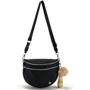 Pander Crossbody Bum Bag for Women, Everyday Nylon Shoulder Bag with Pompom Keychain Wristlet Bag Charm, Adjustable Strap