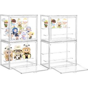 Acrylic Display Case,4 Pack 3 Layer Clear Display Case Adjustable Display Box Stand with 2 Movable Dividers Small Showcase Magnetic Door for Collections Mini Figures
