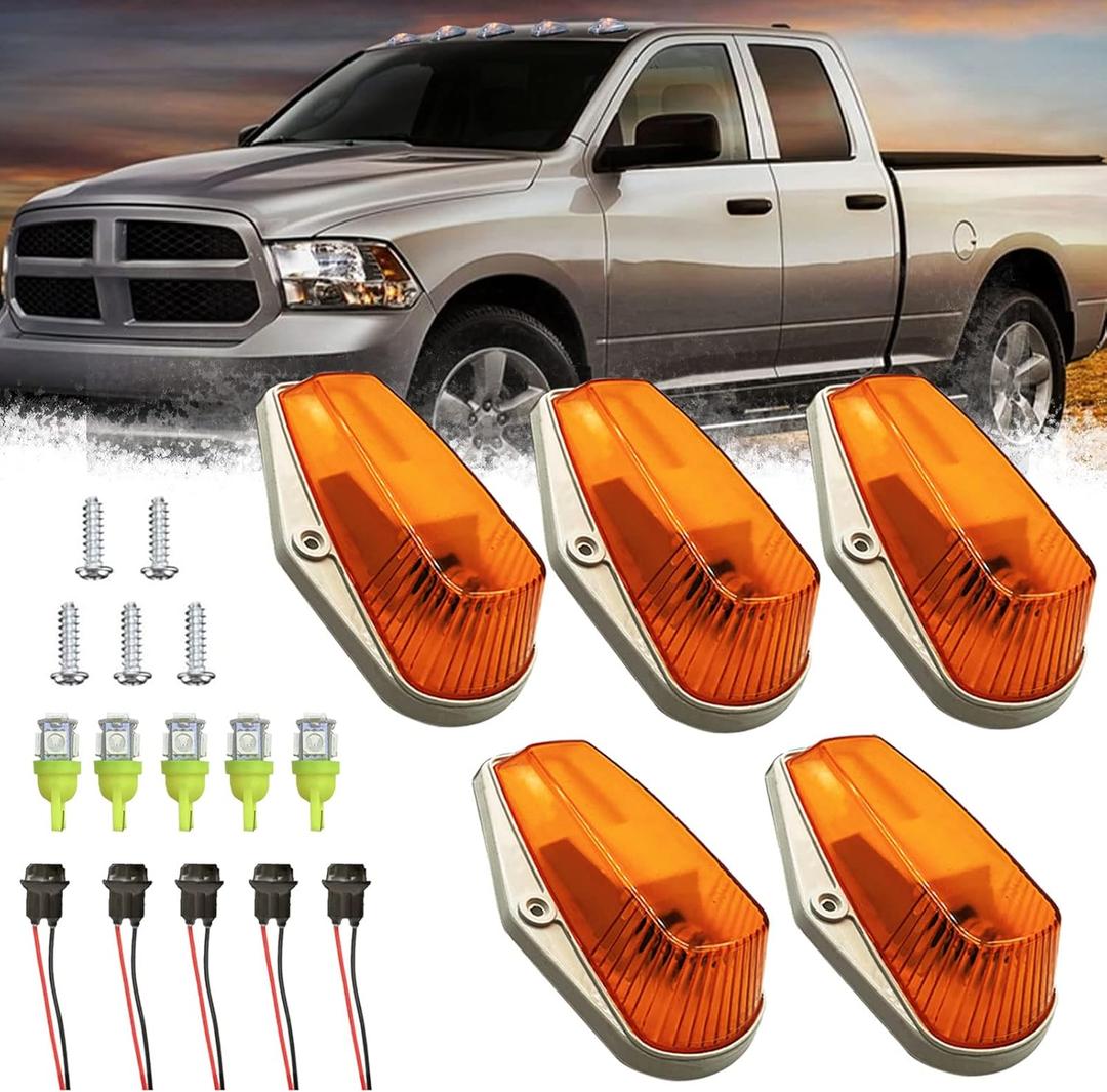 5PCS Cab Lights Compatible with 1973-1997 Ford F-150 F-250 F-350 F-450 F-550 Super Duty Pickup Trucks, Amber LED Roof Marker Light Kit (Amber Lens/Amber Light/White Base)