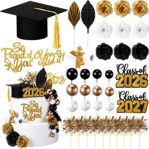 Sureio 48 Pcs Graduation Cake Toppers Class of 2026 Congrats Grad Cake Decor Graduation Cap Diploma Artificial Flower Card Ball Palm Leaves Firework Stick Kit for Theme Party Supplies(Black, Gold)