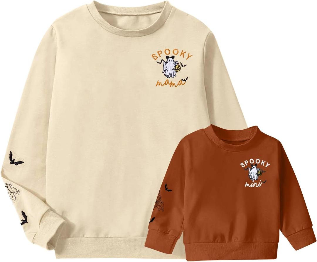 Halloween Mama and Mini Matching Outfits - Spooky Graphic Crewneck Pullover Sweatshirt Halloween Mom Gift Baby Clothes (18-24 Months, Brown)
