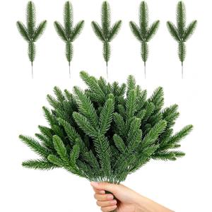 50 Pcs Artificial Green Pine Branches for Christmas Tree Filler Norfolk Pine Needles Stems for Xmas Fake Greenery Plants Picks Wreath DIY Decor Accessories