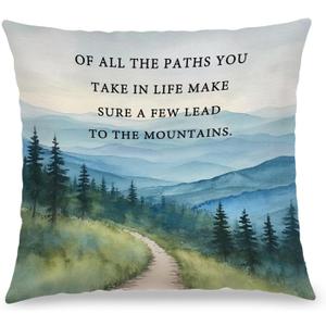 Watercolour Mountain Nature Forest Inspirational Pillow Covers 18x18, Rustic of All The Paths You Take in Life Decorative Throw Pillow Covers for Home Bedroom Living Room