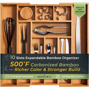 keechee Carbonized Bamboo Kitchen Drawer Organizer, 10 Slots Expandable Silverware Organizer, Utensil Holder & Cutlery Tray, 2.2" Deep for Extra Capacity, Non-Slip Feet Included