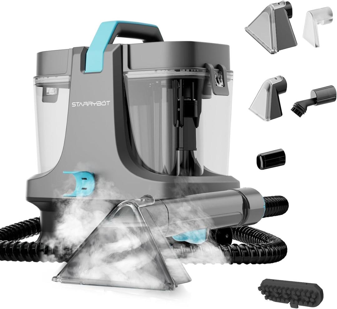 Starrybot Portable Carpet Cleaner Machine with Steam and Heating Techology,18Kpa Powerful Suction with Versatile Tools for Pets, Couch,Spot Cleaner for Stairs/Furniture/Rug(Gray)(AC0202)