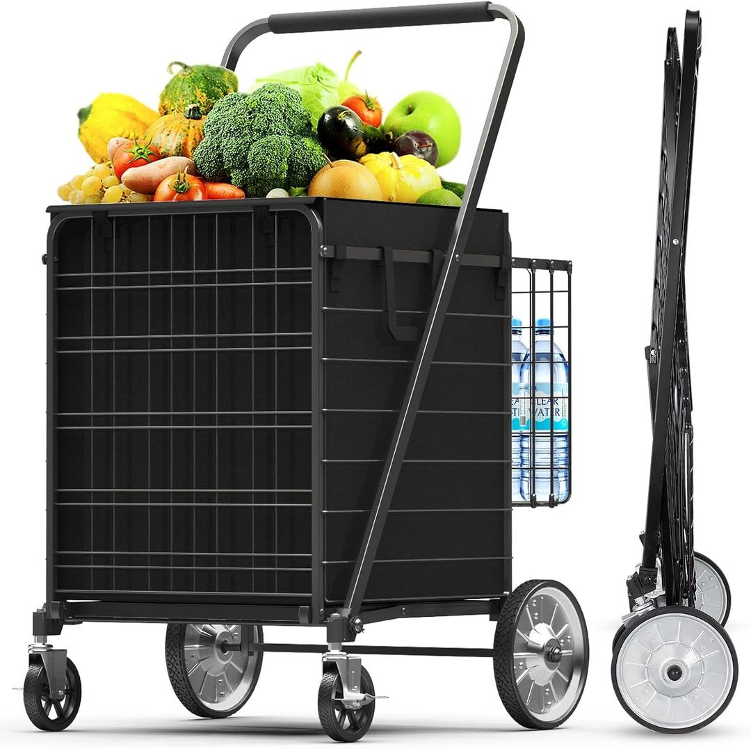 5.7 Cu Ft Folding Shopping Cart - 600 LB Capacity Grocery Cart with 360 Braked Swivel Wheels - Heavy Duty Utility Cart with Double Basket & Removable Waterproof Liner with Lid for Laundry
