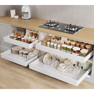 Seinloes 4 Pack Pull out Cabinet Organizer 21" Deep With Raising Pad for Framed Cabinets,Expandable (15.2"-26.3"W) Slide out Drawers for Kitchen Cabinets with 4pcs Divider Racks,Roll out Shelves,White