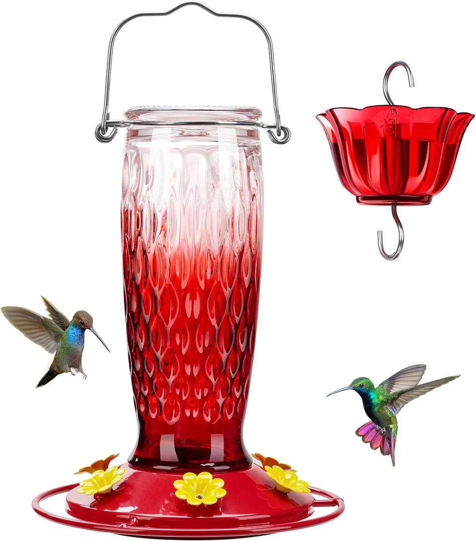 Kingsyard Hummingbird Feeders for Outdoors Hanging, 24 Ounce, Glass Hummingbird Feeder with Ant Moat & 6 Bee Guard Feeding Ports, Leak-Proof, Red Gradient