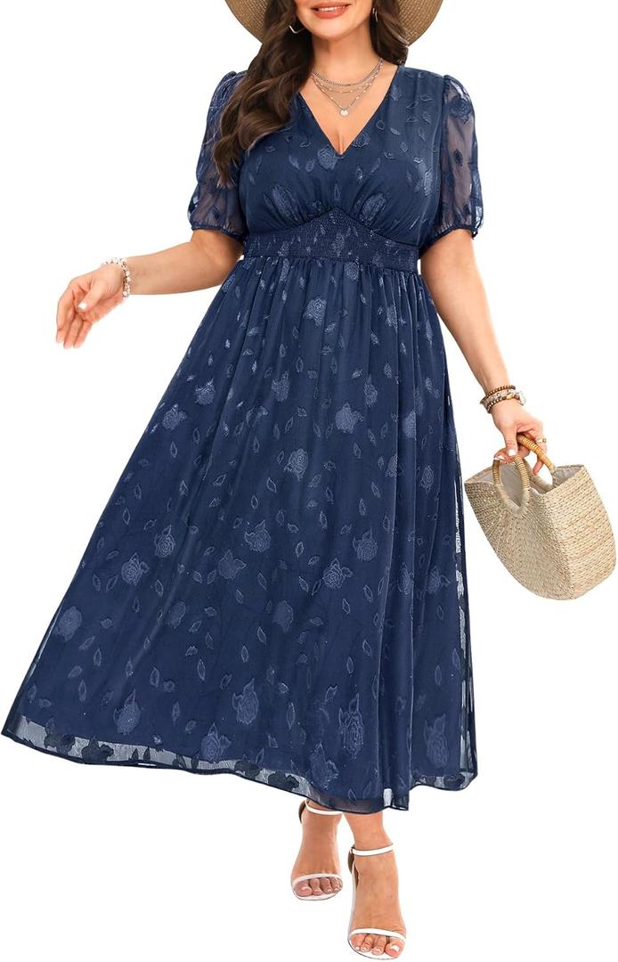 Women Plus Size Summer Dress - Easter Spring Floral Wedding Guest Maxi Long Dress (Navy Blue, 18Plus)