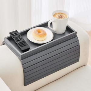 GEHE Bamboo Sofa Arm Tray, Foldable Couch Arm Tray Side Table, Anti-Falling Armrest Tables Cup Holder for Snacks, Drinks, Beers, Phone, Control, Flexible and Portable, Anti-Slip (Gray)