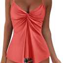 SUUKSESS Women's Tummy Control Tankini Swimsuit Push Up Knot Front Bathing Suit (Large, Coral Pink Leaf)