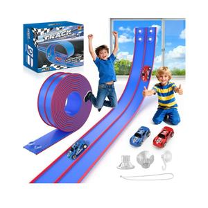 Flexible Race Track for Kids - 15 Ft DIY Car Track Set with 2 Toy Cars & 3 Strong Suction Cup Ramps | Toys for Boys Girls Ages 3+ (Blue)