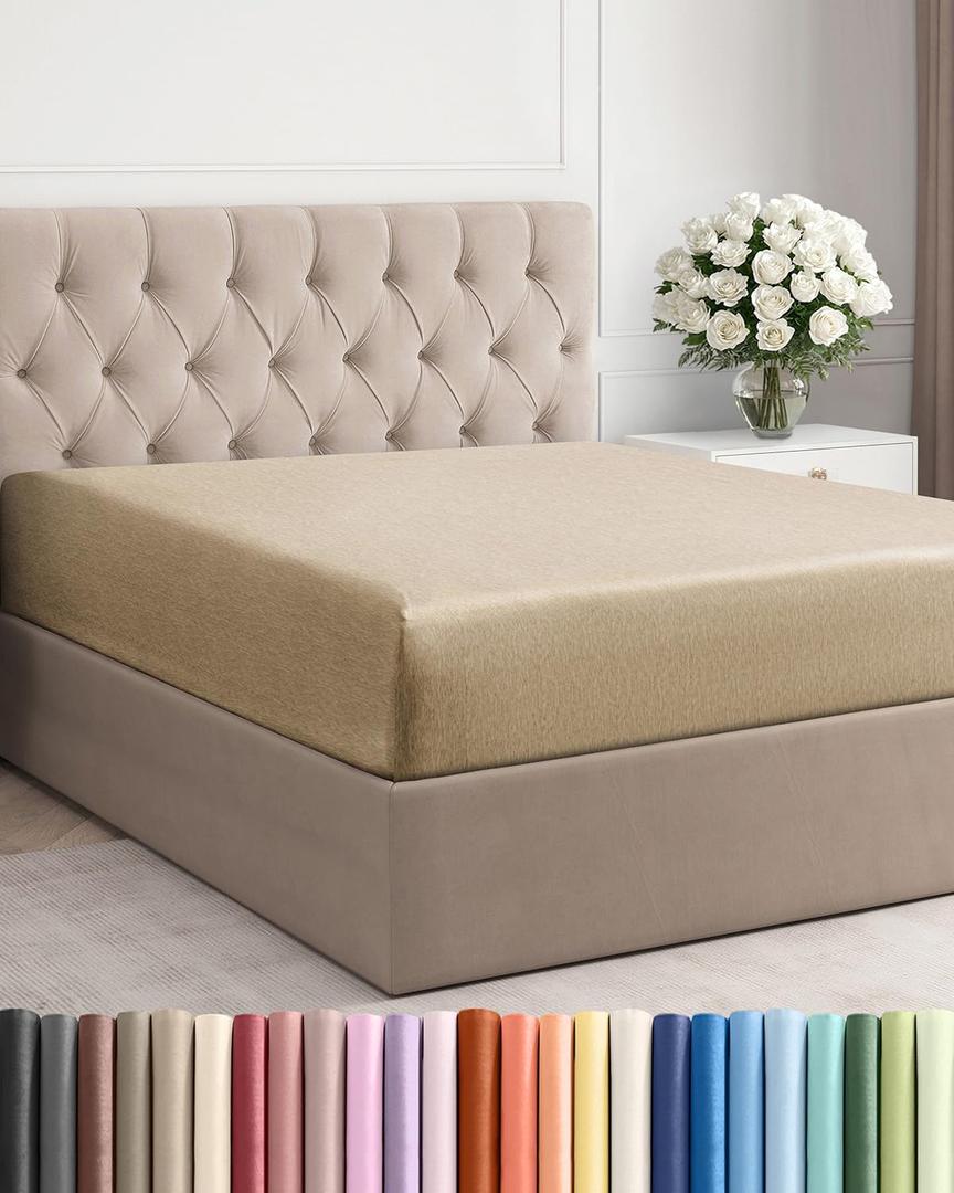 King Fitted Bed Sheet - Bottom Single Fitted Sheet Only - Ultra-Soft Hotel Luxury Bedding w/ 8-16 Inch Deep Pockets - Breathable & Wrinkle Free - Easy-Care, Fade and Shrink Resistant - Heathered Tan