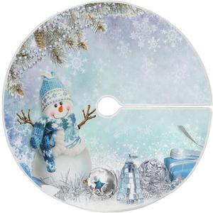 Merry Christmas Winter Snowman Christmas Tree Skirt Decorations White Snow Snowflake Blue Jingle Bells Xmas Tree Mat 35 inch for Holiday Party Supplies Rustic Ornaments Mini Tree Skirt