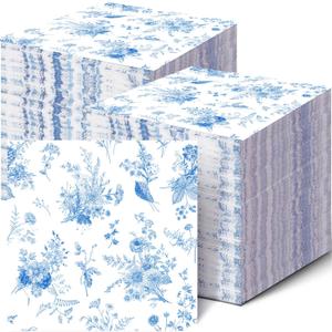 100 Pack Blue Floral Cocktail Napkins Blue and White Floral Toile Paper Napkins Floral Paper Napkins for Bridal Baby Shower,Tea Garden Party,Wedding Floral Birthday Party Supplies Decor (White)