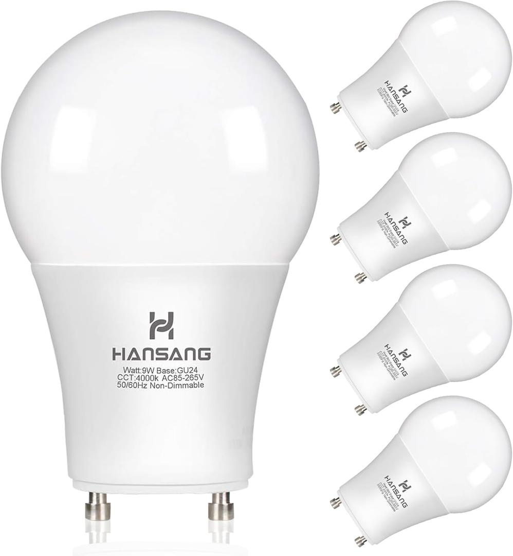 hansang GU24 LED Light Bulb 9W Equivalent 100W, Two Prong Light Bulb A19 Shape 4000K Natural White, GU24 Twist Lock Base 2 pin led Bulb, 900 Lumens Non-Dimmable for CFL Replacement, 4 Pack