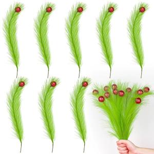 12 Pcs Christmas Tree Topper 17" Fluffy Christmas Tree Decorations with Red Ball, Xmas Artificial Green Stems for Christmas Home Wreath Craft Decoration Supplies Xmas Decor