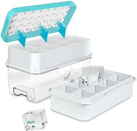 Large Ice Cube Tray, Easy Release Press Ice Cube Moulds, No Overflow Ice Cube Maker and Storage Container All in One, Perfect for Whiskey, Cocktail, for 16 Large Ice Cubes(5cmx5cmx4.5cm), Blue
