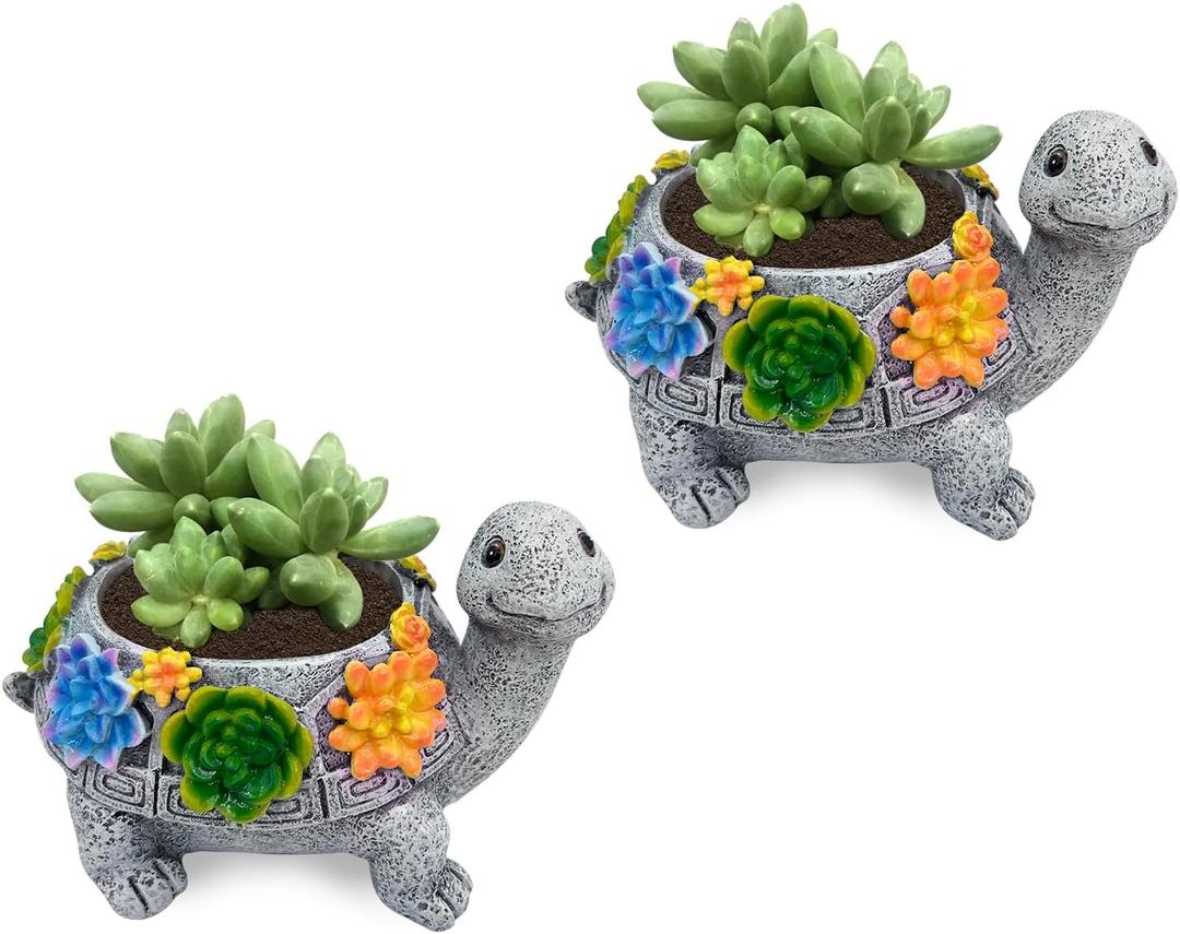 2pcs Small Turtle Planter Window Decor - Resin Succulent Plant Pot with Drainage Hole, Cute Planters for Indoor Plants, Unique Flower Pot Office/Home/Desktop Decoration, Ideal Gifts for Women