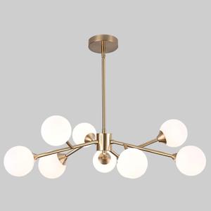 9-Light Gold Sputnik Chandelier Modern Mid Century Brushed Brass Light Fixture with White Glass Globe Ceiling Pendant Light Fixture