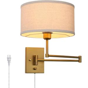 Vintage Fabric Plug-in Cord Wall Sconce, Indoor Swing Arm Wall Mounted Lamp with On/Off Switch, Antique Brass Linen Textile Sconce Wall Lighting Reading Light Fixture for Living Room
