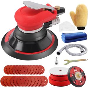 Random Orbital Sander 5" & 6" Pneumatic Palm Sander with Extra 5" Backing Plate, Sponge Polishing Pads, Sandpapers Low Vibration and Heavy Duty for Wood, Composites, Metal