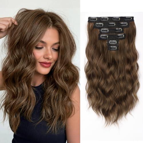 KooKaStyle Short Hair Extensions 6PCS 14 Inch Wavy Curly Hairpieces Synthetic Soft Lace Weft Clip in Hair Extensions-Rich Medium Brown for Women