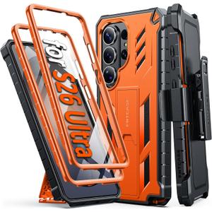 FNTCASE for Samsung Galaxy S26-Ultra Case: [2 Front Frames] [Built-in Screen Protector] [Belt Clip Holster & Kickstand] [Military-Grade Protection] Heavy Duty Full Body Shockproof Rugged Cover Orange