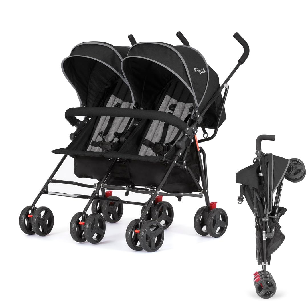 Dream On Me Volgo Side-by-Side Twin Umbrella Toddler Stroller, Black
5 Point Safety Harness, Smooth Swivel Wheels, Lightweight, Adjustable Double Canopy, Storage Basket, 40 Lb Limit Each Seat
