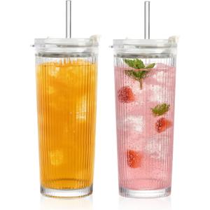 WERTIOO 20 Oz Ribbed Glass Tumblers with Straw and Lid, Glassware Drinking Glasses Set of 2, Leak Proof Ice Coffee Cups Reusable, Thickened Glass, Ideal for Iced Coffee, Smoothies and Juices