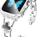 KADES Compatible for Apple Watch Series 10 46mm/42mm Series 9 8 7 45mm/41mm Series 6 5 4 SE 44mm/40mm Series 3 2 1 42mm/38mm, Sparkling Bling Diamond Band with Full Diamonds Case (Silver with Black Pearl Shell)