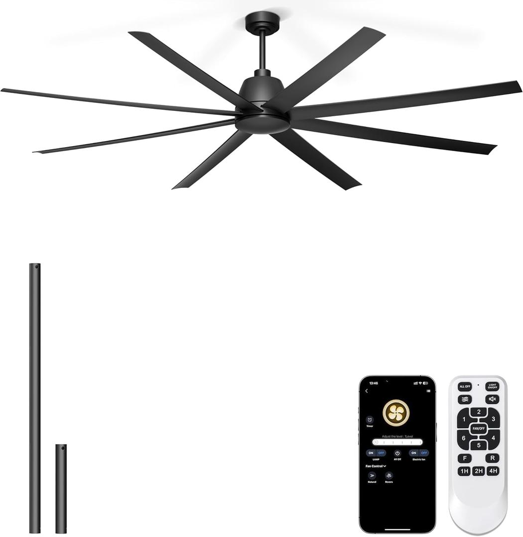 84'' Ceiling Fans No Light - Remote & APP Control, Large Industrial DC Motor Fan for Covered Outdoor Patios, Shop, Garage, Black without Light