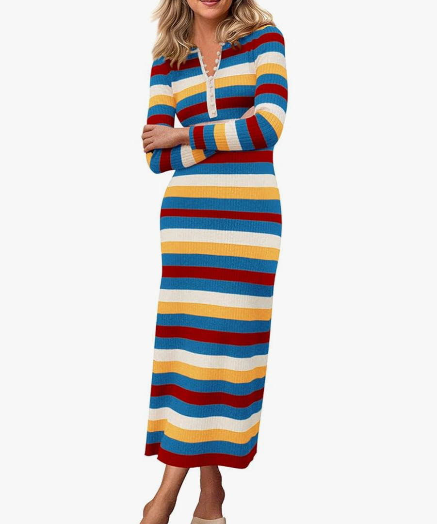 PRETTYGARDEN Women's Striped Spring Midi Sweater Dress Fall Long Sleeve Button Up V Neck Knit Bodycon Vacation Party Dresses Stripe Red Rose Size 2XL 