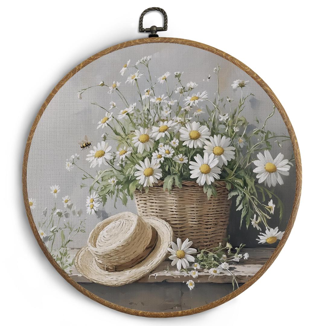 KTYHD Daisy Floral Round Wall Art, Vintage Farmhouse Floral Canvas Wall Art, Cottagecore Daisy Flowers Wall Decor for Home Bedroom Living Room, Cottagecore Room Decor